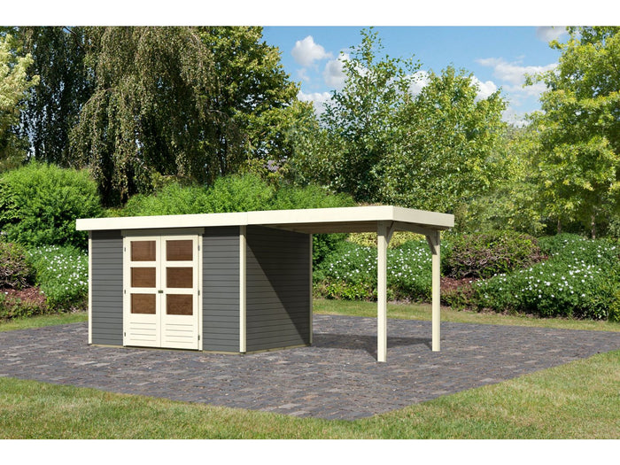 Karibu Gartenhaus Askola 4 in terragrau mit Anbaudach 2,40 Meter