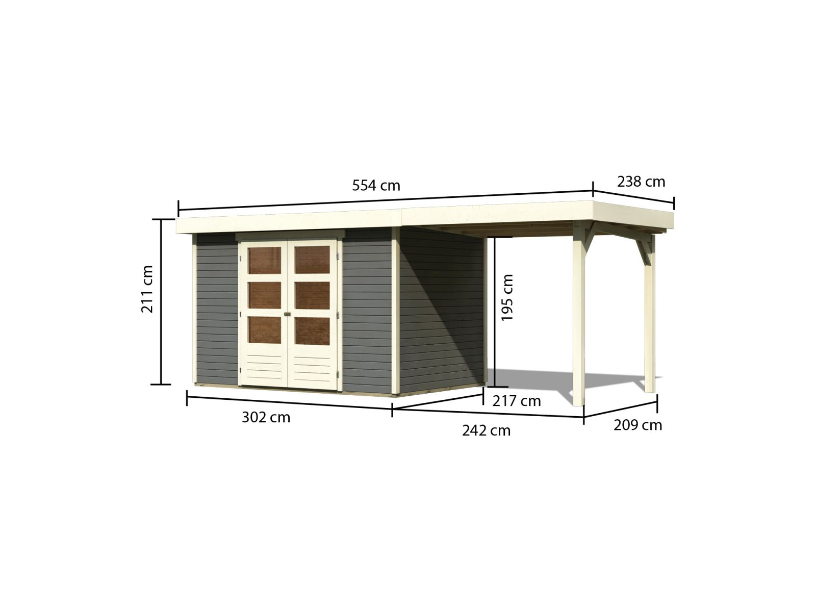 Karibu Gartenhaus Askola 4 in terragrau mit Anbaudach 2,40 Meter
