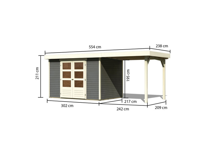 Karibu Gartenhaus Askola 4 in terragrau mit Anbaudach 2,40 Meter
