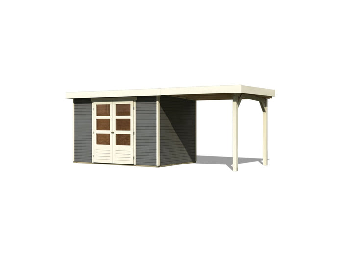 Karibu Gartenhaus Askola 4 in terragrau mit Anbaudach 2,40 Meter