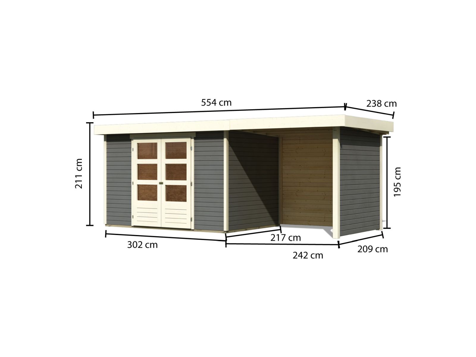 Karibu Gartenhaus Askola 4 in terragrau mit Anbaudach 2,40 Meter inkl. Rück-und Seitenwand