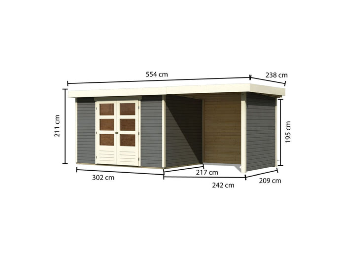 Karibu Gartenhaus Askola 4 in terragrau mit Anbaudach 2,40 Meter inkl. Rück-und Seitenwand
