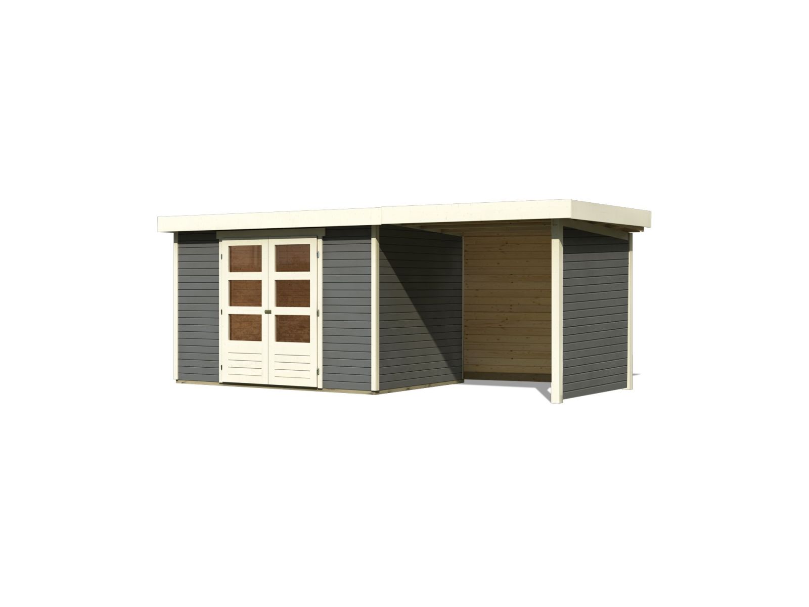 Karibu Gartenhaus Askola 4 in terragrau mit Anbaudach 2,40 Meter inkl. Rück-und Seitenwand