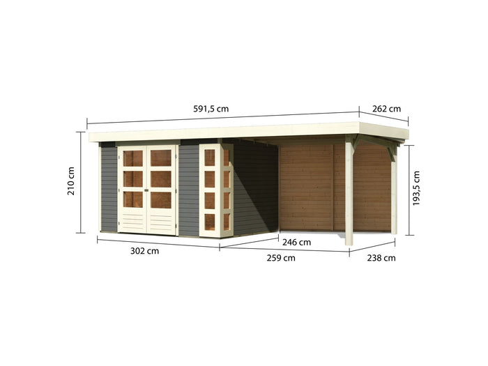 Karibu Gartenhaus Kerko 5 terragrau mit Anbaudach 2,80 m inkl. Rückwand