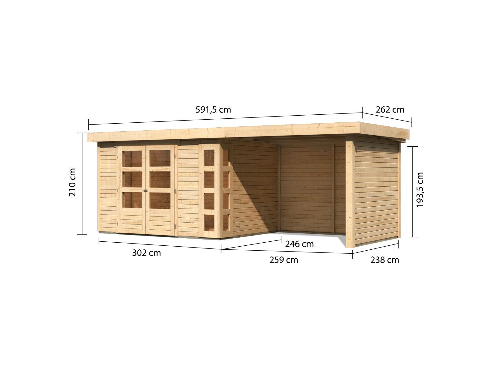 Karibu Gartenhaus Kerko 5 natur mit Anbaudach 2,80 m inkl. Seiten- und Rückwand