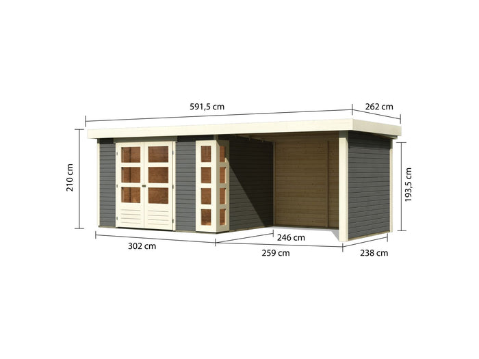 Karibu Gartenhaus Kerko 5 terragrau mit Anbaudach 2,80 m inkl. Seiten- und Rückwand