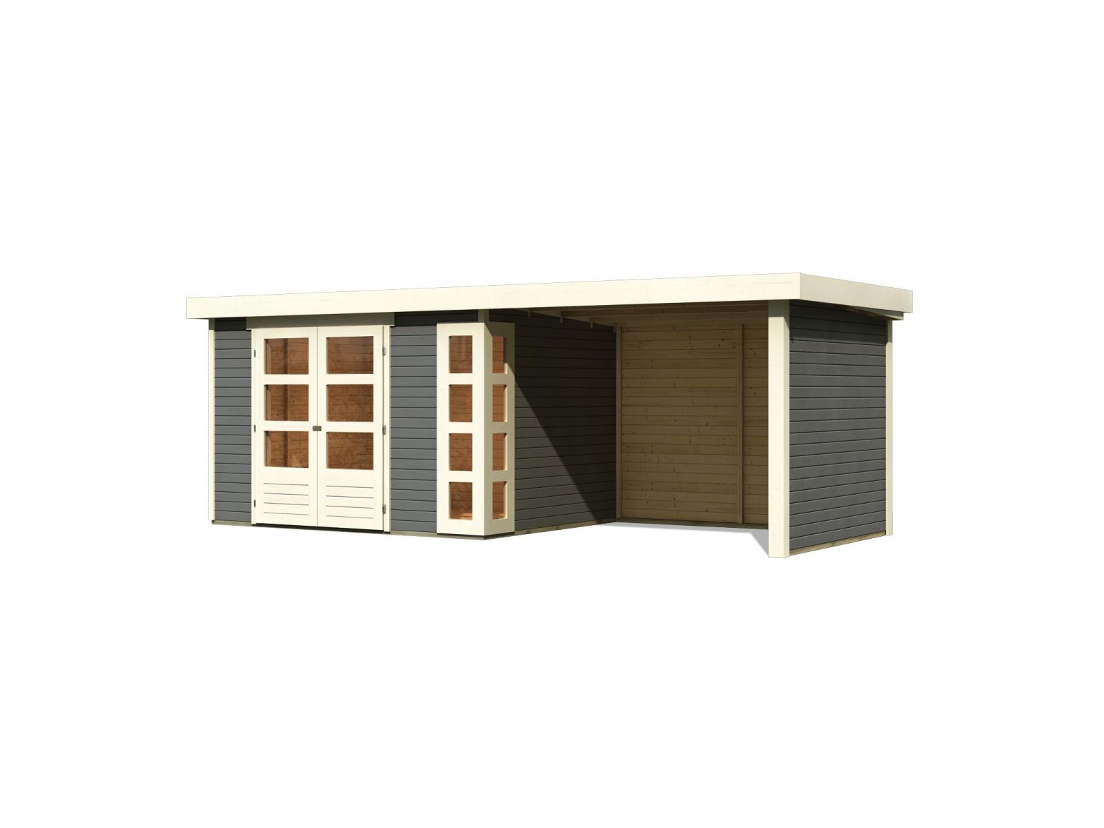 Karibu Gartenhaus Kerko 5 terragrau mit Anbaudach 2,80 m inkl. Seiten- und Rückwand