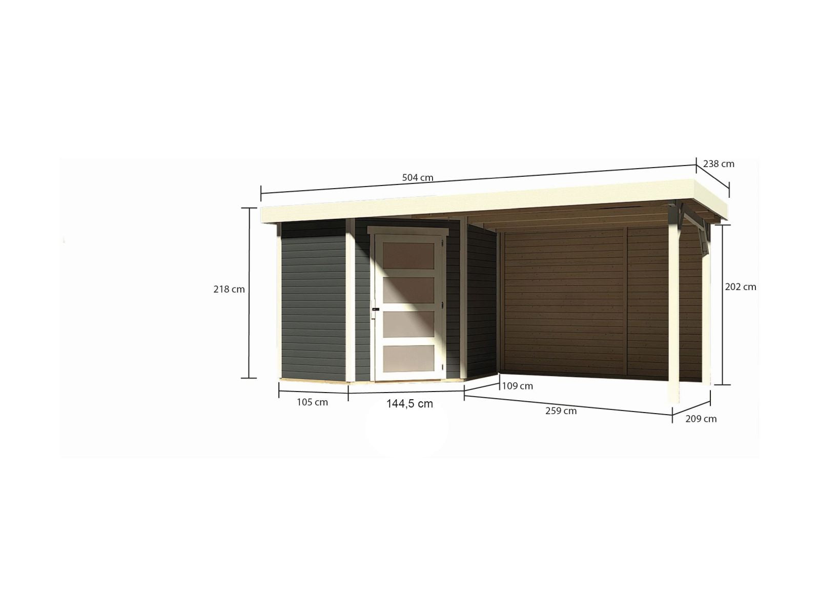 Karibu Gartenhaus Schwandorf 3 terragrau mit Anbaudach 2,8 m inkl. Rückwand