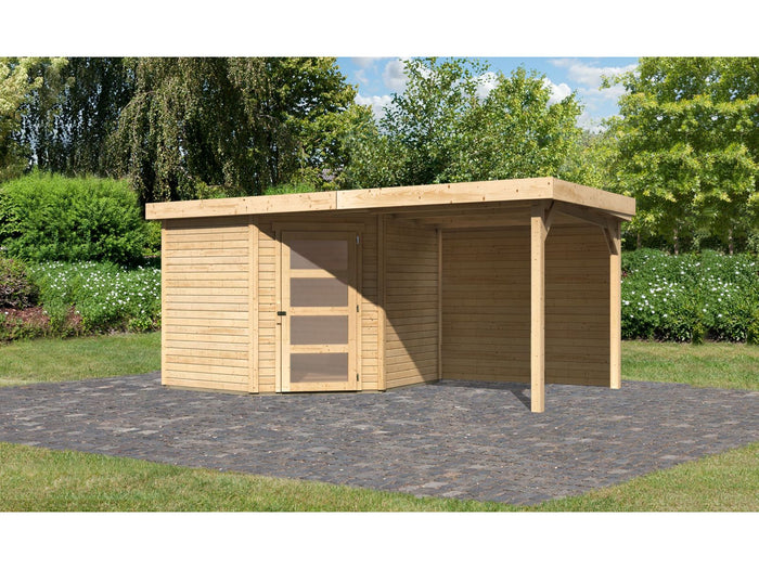 Karibu Gartenhaus Schwandorf 5 natur mit Anbaudach 2,40 m inkl. Rückwand