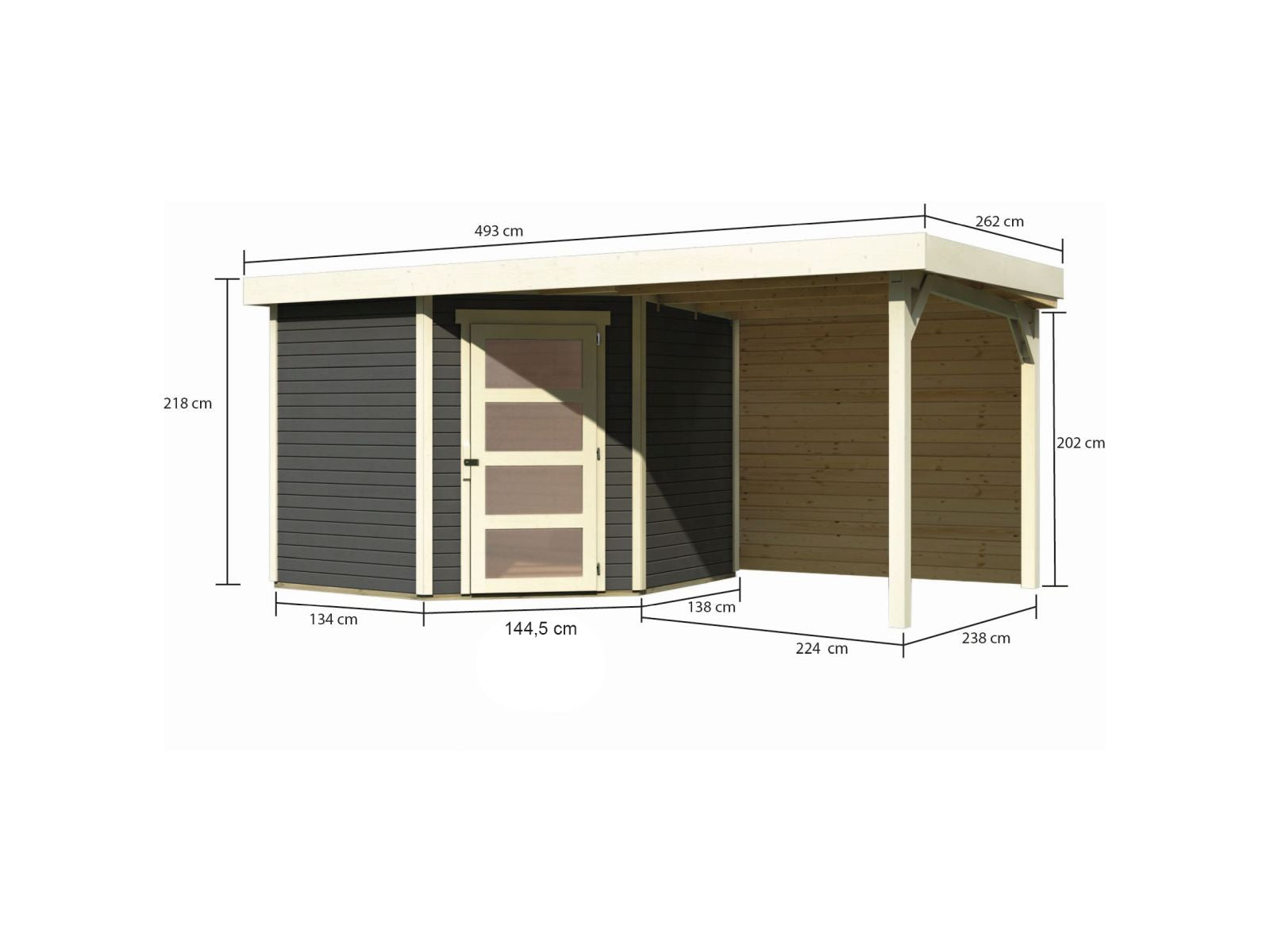 Karibu Gartenhaus Schwandorf 5 terragrau mit Anbaudach 2,40 m inkl. Rückwand