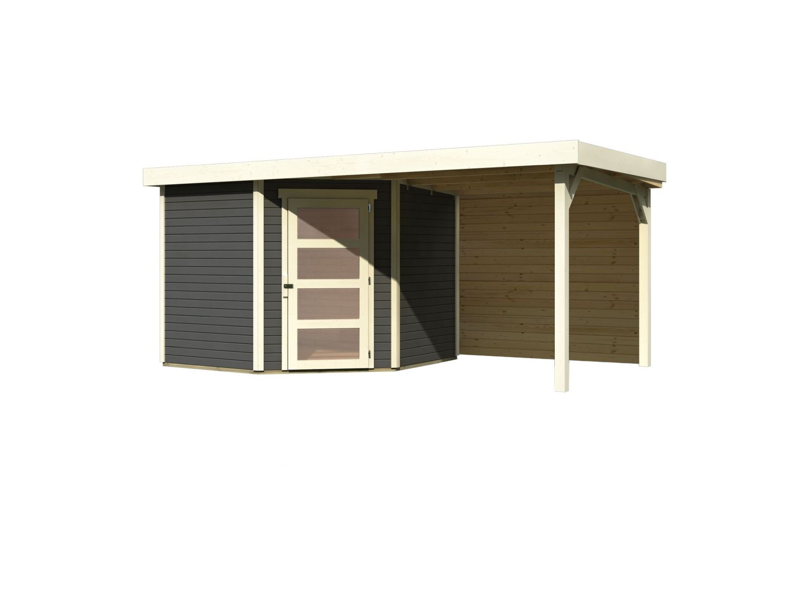 Karibu Gartenhaus Schwandorf 5 terragrau mit Anbaudach 2,40 m inkl. Rückwand