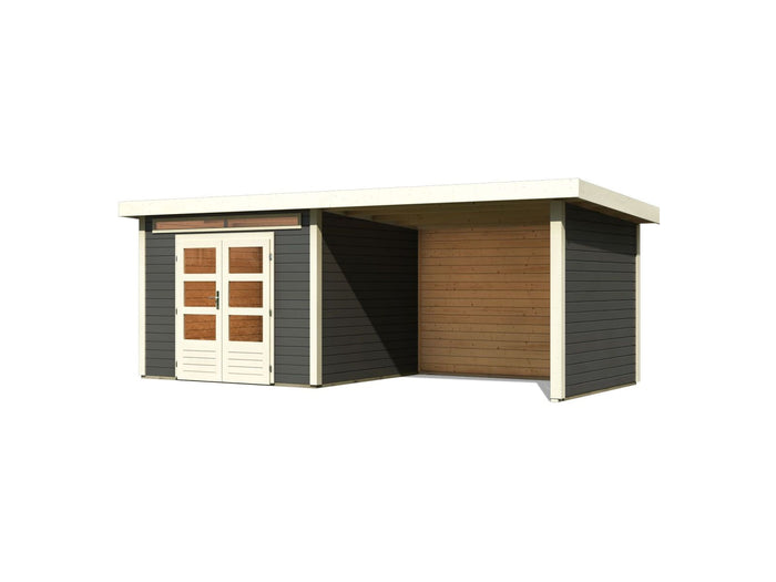 Karibu Gartenhaus Kandern 6 in terragrau mit Anbaudach 3,2 Meter inkl. Rück- und Seitenwand