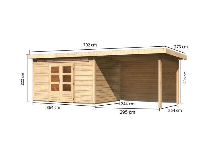 Karibu Gartenhaus Kandern 7 mit Anbaudach 3,2 Meter inkl. Rückwand