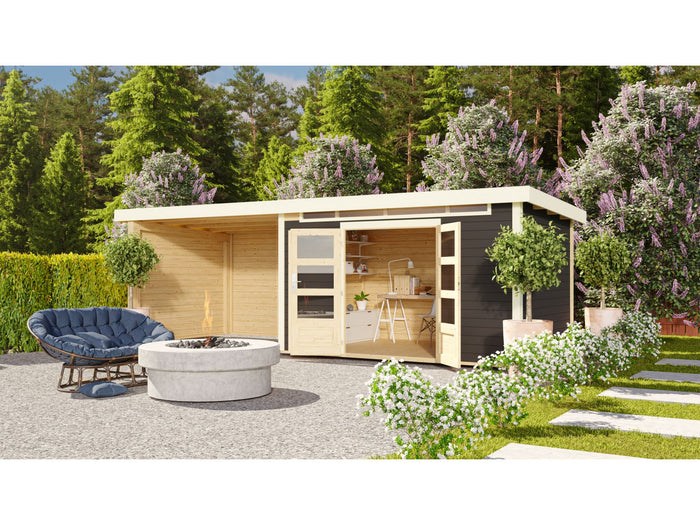 Karibu Gartenhaus Kandern 7 in terragrau mit Anbaudach 3,20 Meter inkl. Rückwand