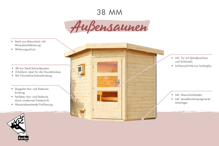 Karibu Saunahaus Mikka 38 mm -terragrau- ohne Ofen- klassische Tür