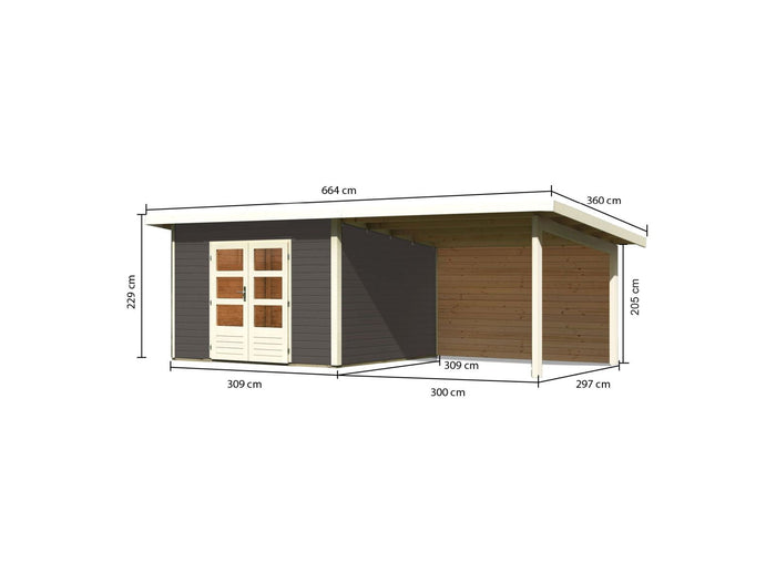 Karibu Gartenhaus Northeim 3 terragrau mit Anbaudach 3,0 Meter inkl. Rückwand