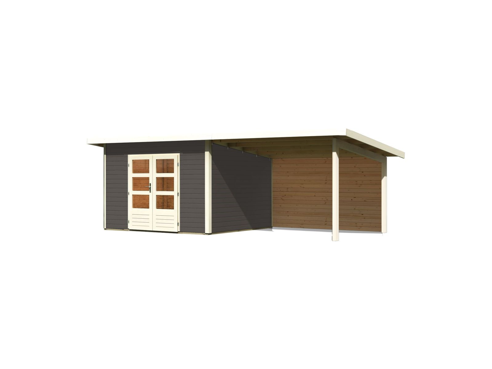 Karibu Gartenhaus Northeim 3 terragrau mit Anbaudach 3,0 Meter inkl. Rückwand