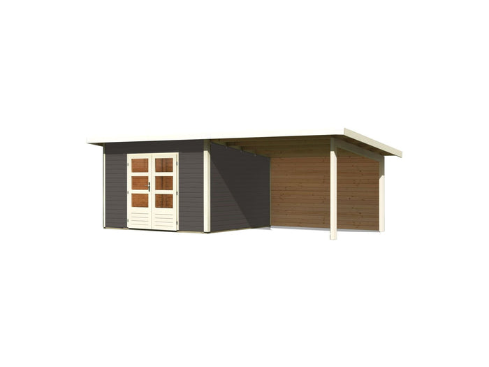 Karibu Gartenhaus Northeim 3 terragrau mit Anbaudach 3,0 Meter inkl. Rückwand
