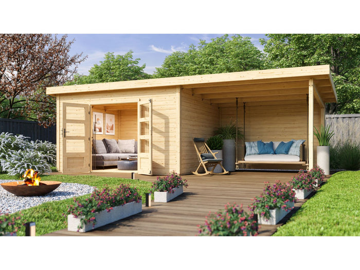 Karibu Gartenhaus Northeim 4 natur mit Anbaudach 3 m inkl. Rückwand