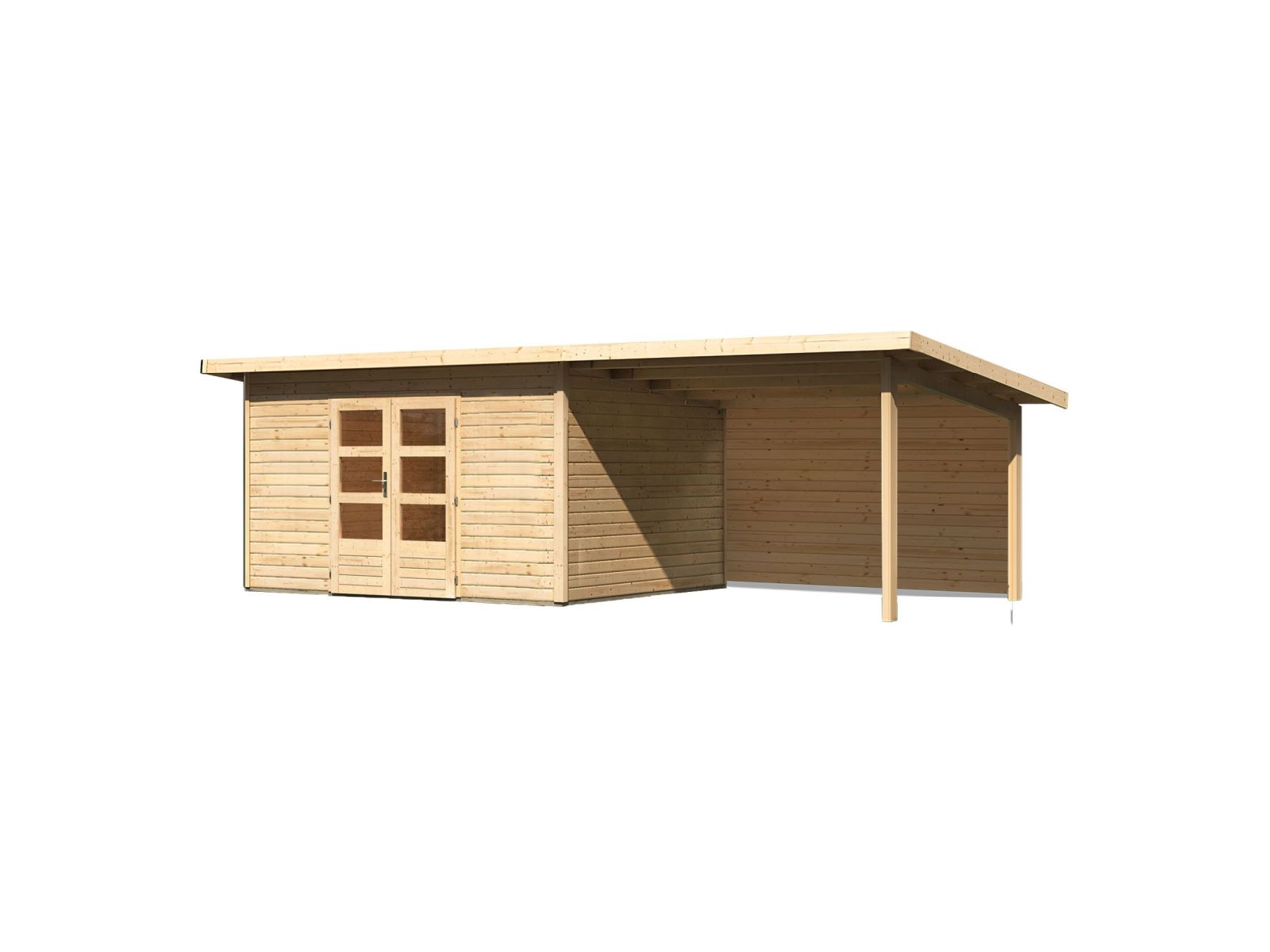 Karibu Gartenhaus Northeim 4 natur mit Anbaudach 3 m inkl. Rückwand