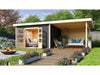 Karibu Gartenhaus Northeim 4 terragrau mit Anbaudach 3 m inkl. Rückwand