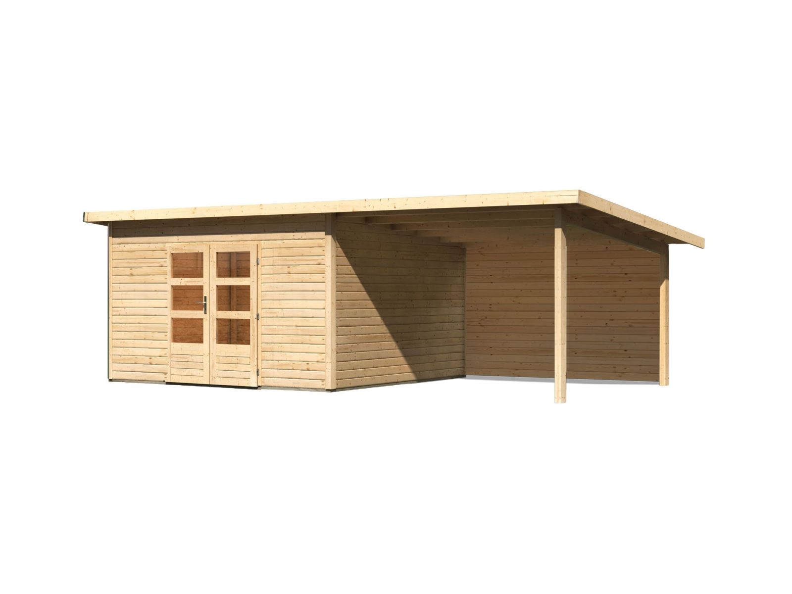 Karibu Gartenhaus Northeim 5 natur mit Anbaudach 3 m inkl. Rückwand