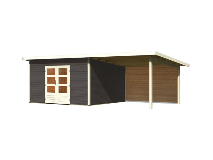 Karibu Gartenhaus Northeim 5 terragrau mit Anbaudach 3 m inkl. Rückwand