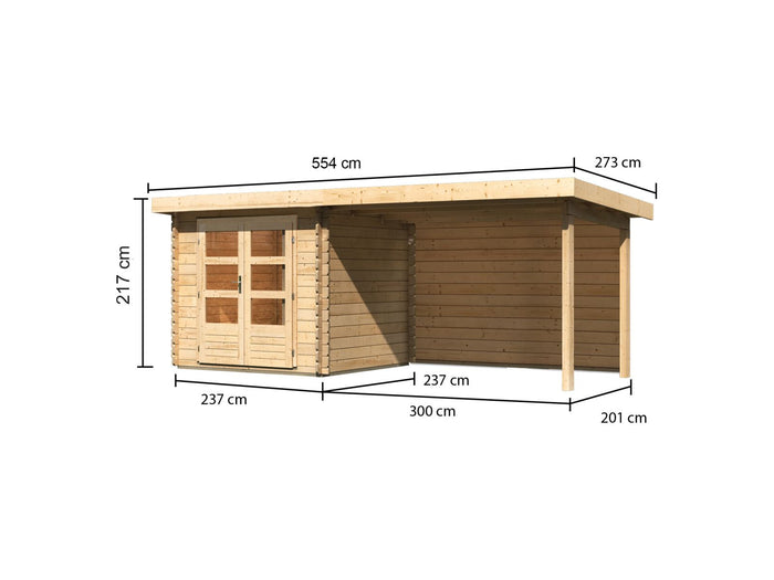 Karibu Gartenhaus Bastrup 2 mit Anbaudach 3 Meter inkl. Rückwand natur