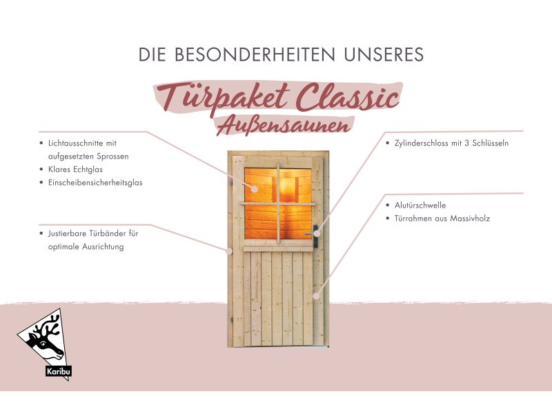 Karibu Türpaket Außensauna Klassisch, naturbelassen,  40 mm Saunahäuser