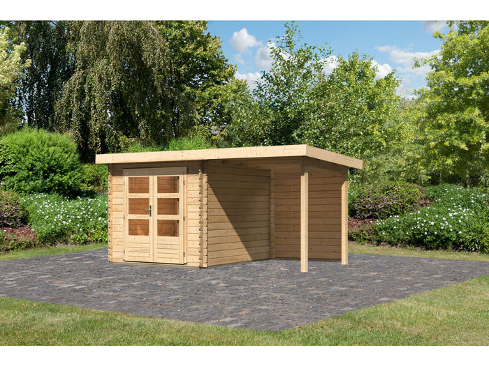 Karibu Gartenhaus Bastrup 4 mit Anbaudach 2 Meter inkl. Rückwand