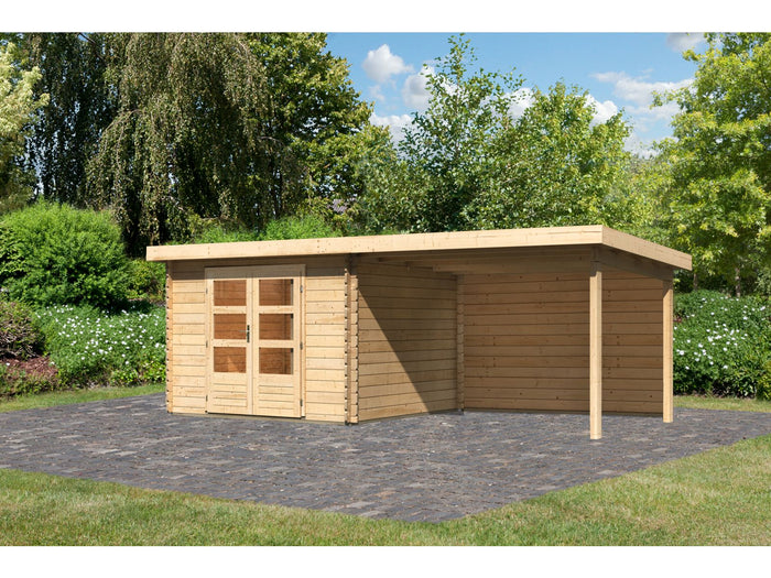 Karibu Gartenhaus Bastrup 5 mit Anbaudach 3 Meter inkl. Rückwand