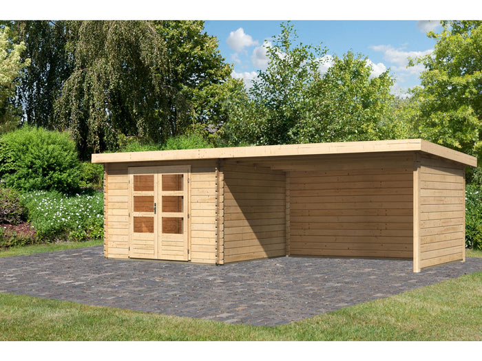 Karibu Gartenhaus Bastrup 5 mit Anbaudach 4 Meter inkl. Rück- und Seitenwand