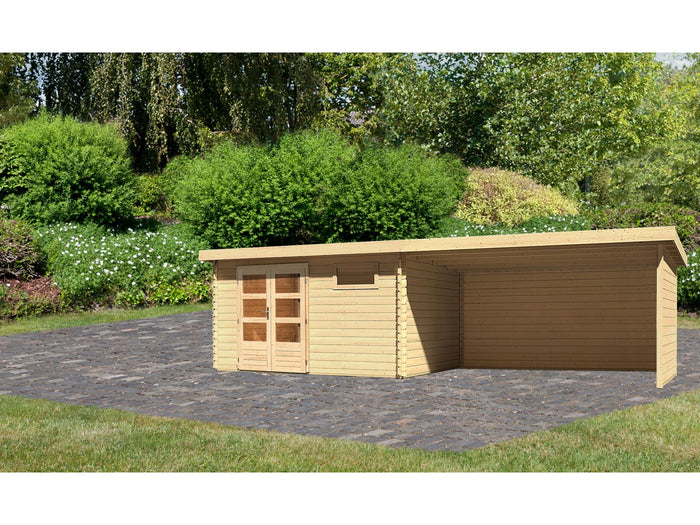 Karibu Gartenhaus Bastrup 8 mit Anbaudach 4 Meter inkl. Rück- und Seitenwand