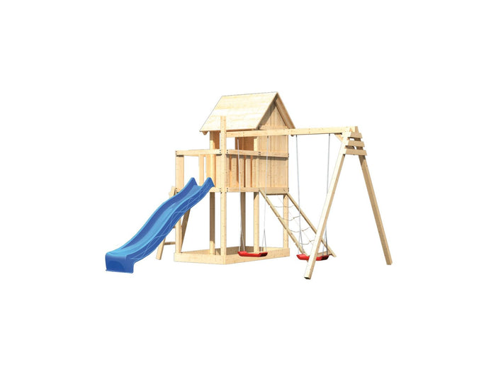 Karibu Stelzenhaus Frieda + Rutsche blau + Doppelschaukel + Netzrampe
