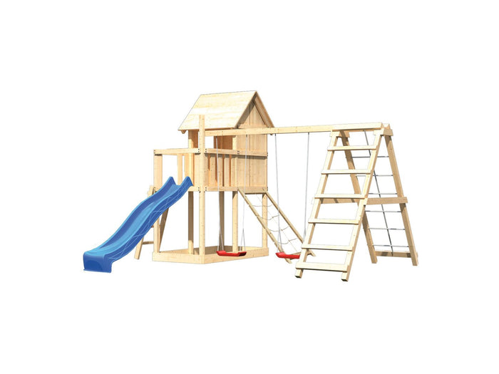 Karibu Stelzenhaus Frieda + Rutsche blau + Doppelschaukel mit Klettergerüst + Netzrampe
