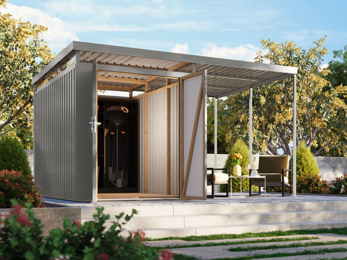 Karibu Metallhaus Aurum 2,5 in Graualuminium, inkl. Anbaudach 2 m