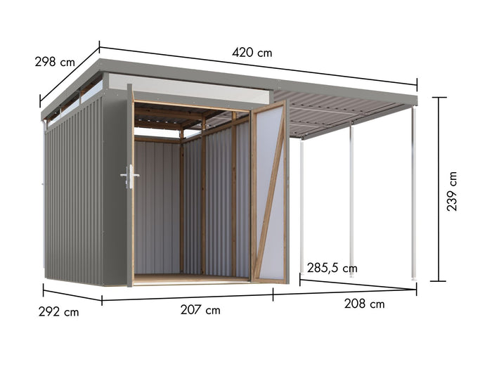 Karibu Metallhaus Aurum 2,5 in Graualuminium, inkl. Anbaudach 2 m