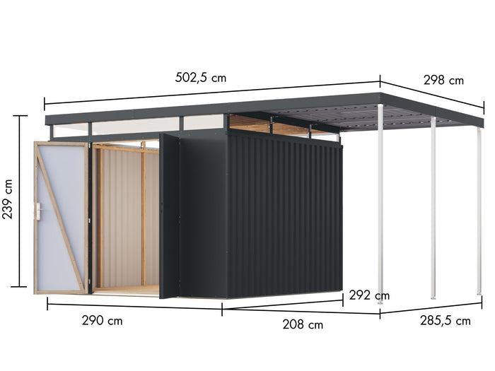 Karibu Metallhaus Aurum 3,5 in Anthrazit, inkl. Anbaudach 2 m