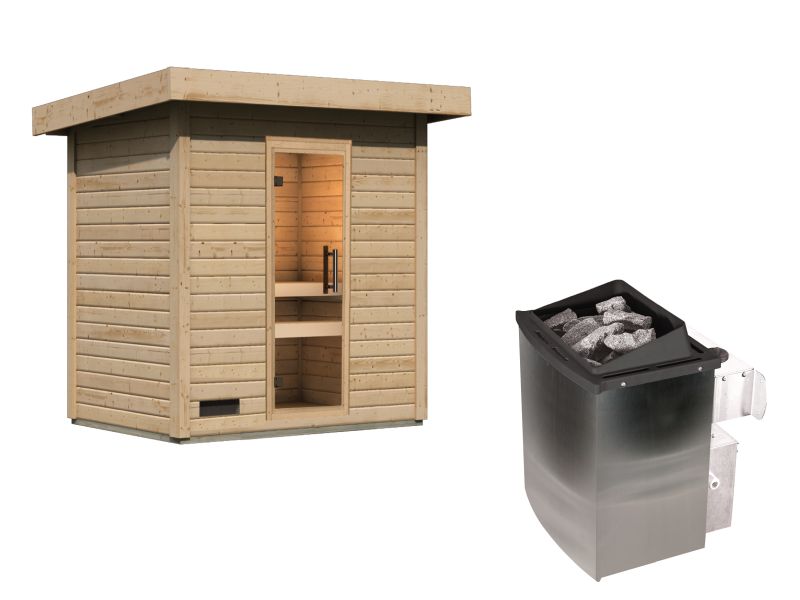 Karibu Saunahaus Caapi 2, inkl. 9 kW Ofen integr. Steuerung, mit Klarglastür und Fußboden