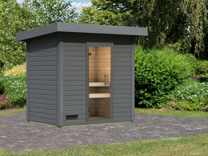 Karibu Saunahaus Caapi 2, terragrau, ohne Ofen, inkl. Klarglastür und Fußboden