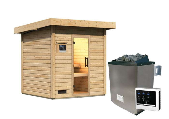 Karibu Saunahaus Caapi 3, inkl. 9 kW Ofen finnisch ext. Steuerung - mit Klarglastür und Fußboden