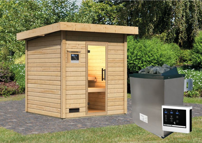 Karibu Saunahaus Caapi 3, inkl. 9 kW Ofen finnisch ext. Steuerung - mit Klarglastür und Fußboden