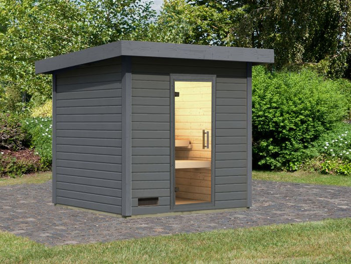 Karibu Saunahaus Caapi 3, terragrau, ohne Ofen - inkl. Klarglastür und Fußboden