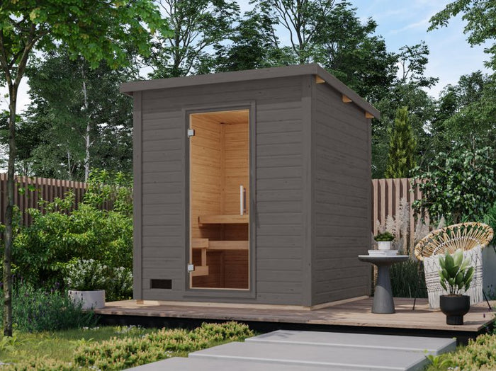 Karibu Saunahaus Caapi 3, terragrau, inkl. 9 kW Bioofen ext. Steuerung - mit Klarglastür und Fußboden