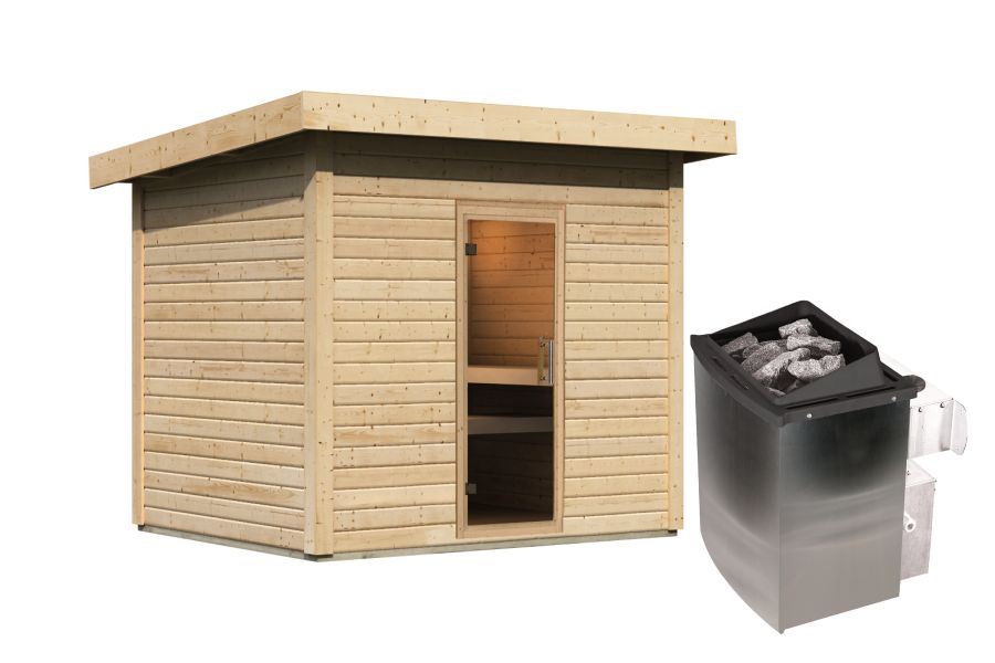 Karibu Saunahaus Caapi 4, inkl. 9 kW Ofen integr. Steuerung, mit Klarglastür und Fußboden