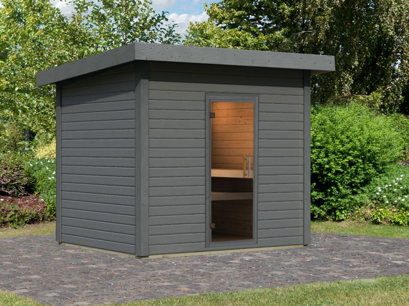 Karibu Saunahaus Caapi 4, terragrau, ohne Ofen, inkl. Klarglastür und Fußboden