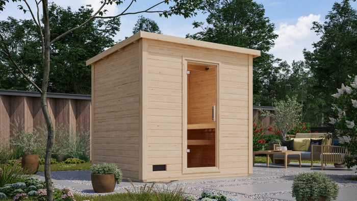 Karibu Saunahaus Caapi 4, inkl. 9 kW Ofen integr. Steuerung, mit Klarglastür und Fußboden