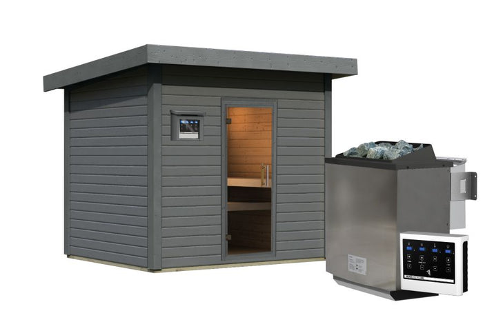 Karibu Saunahaus Caapi 4, terragrau, inkl. 9 kW Bioofen ext. Steuerung, mit Klarglastür und Fußboden