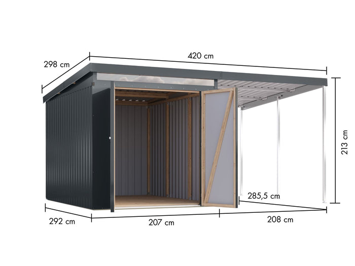 Karibu Metallgerätehaus Iridium 2,5 in Anthrazit, inkl. Anbaudach 2m