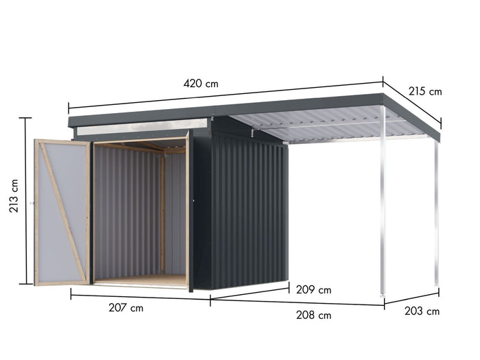Karibu Metallgerätehaus Iridium 2, Anthrazit, inkl. Anbaudach 2m